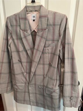 CAbi Taupe Plaid Blazer with Pink Stripe